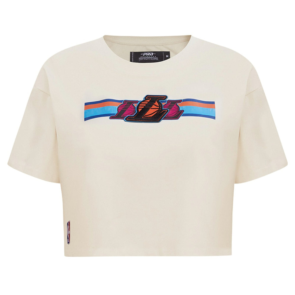 Los Angeles Lakers Pro Standard Women's Retro Striper SJ Cropped Boxy T-Shirt Cream
