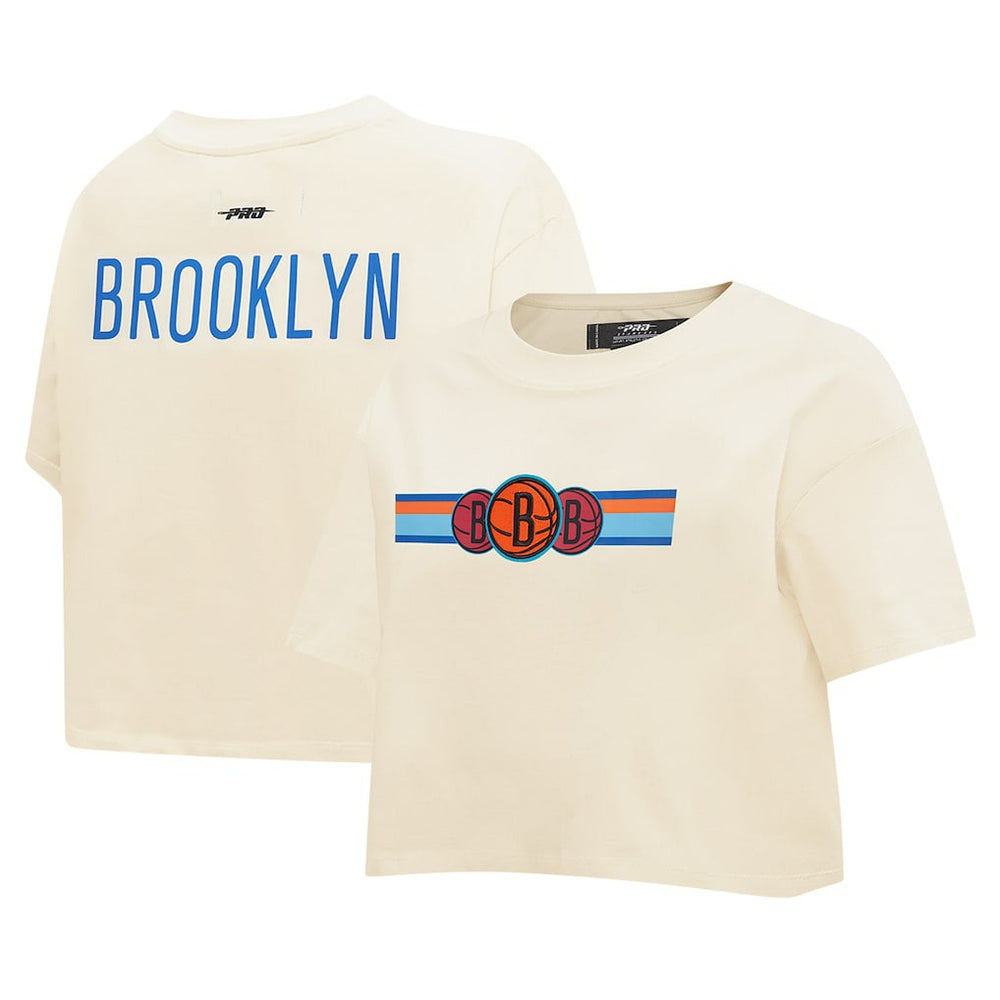 Brooklyn Nets Pro Standard Women's Retro Striper SJ Cropped Boxy T-Shirt Cream