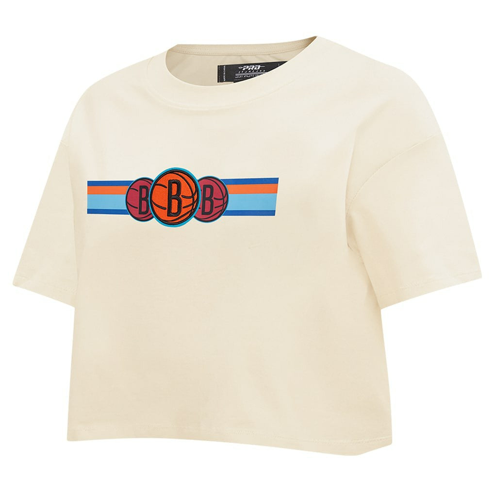 Brooklyn Nets Pro Standard Women's Retro Striper SJ Cropped Boxy T-Shirt Cream