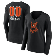 Baltimore Orioles Women's Personalized Name & Number Fastball Long Sleeve V-Neck T-Shirt - Black T-shirts