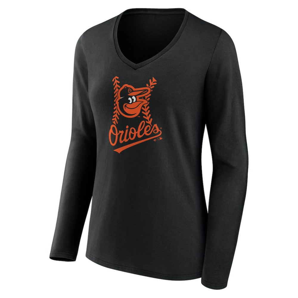 Baltimore Orioles Women's Personalized Name & Number Fastball Long Sleeve V-Neck T-Shirt - Black T-shirts