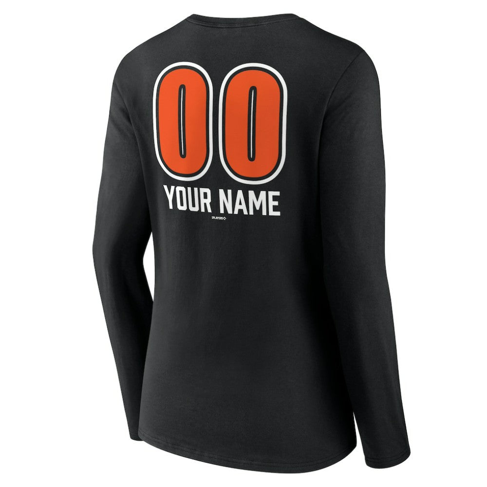 Baltimore Orioles Women's Personalized Name & Number Fastball Long Sleeve V-Neck T-Shirt - Black T-shirts