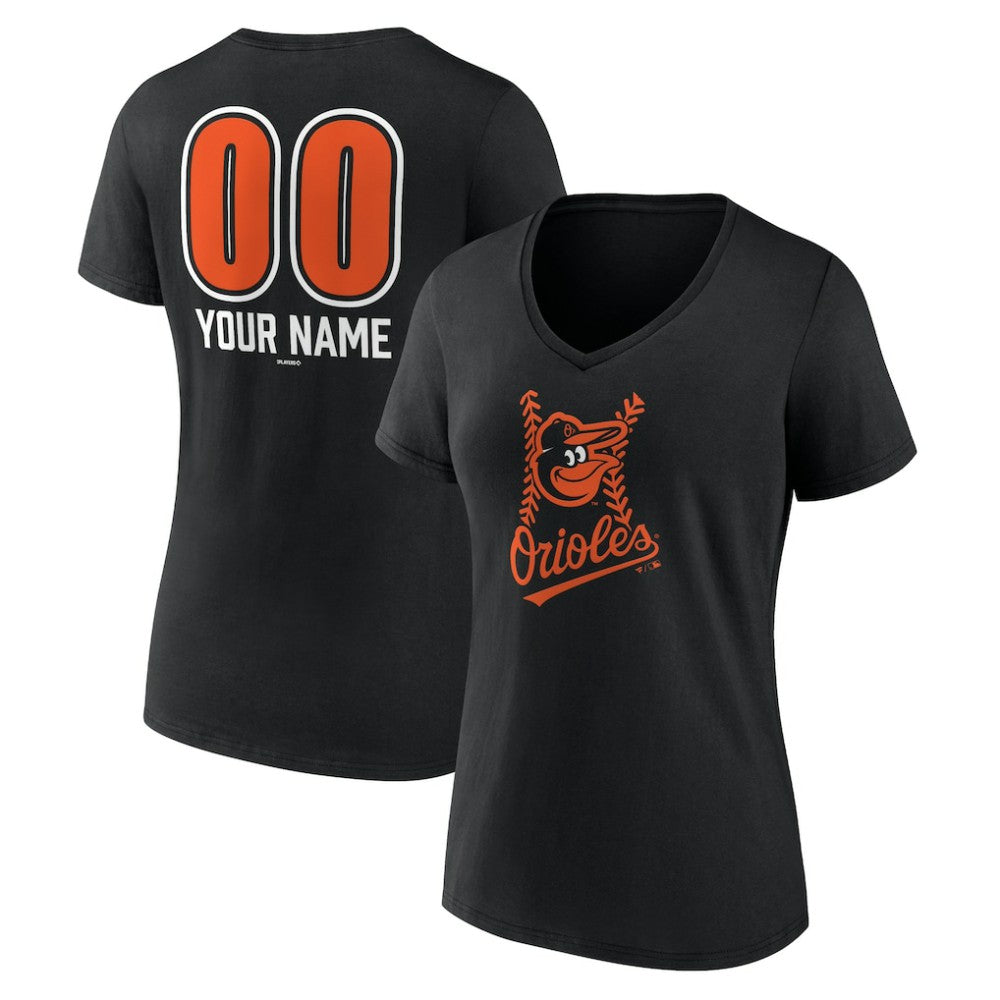 Baltimore Orioles Women's Personalized Name & Number Fastball V-Neck T-Shirt - Black T-shirts