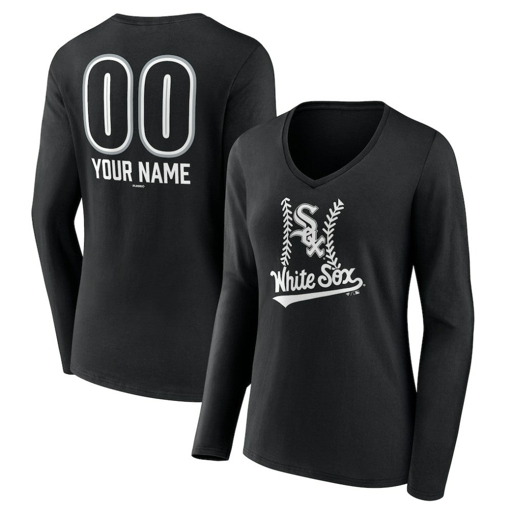 Chicago White Sox Women's Personalized Name & Number Fastball Long Sleeve V-Neck T-Shirt - Black T-shirts