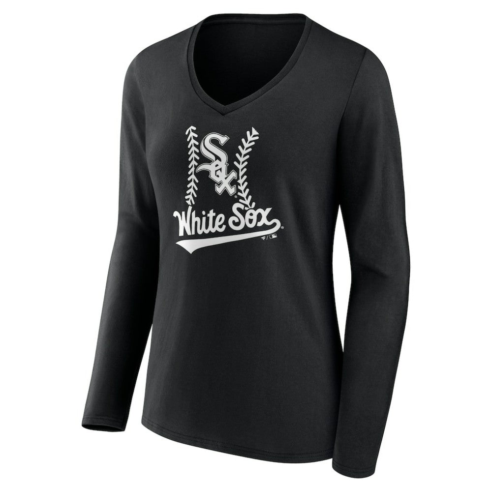 Chicago White Sox Women's Personalized Name & Number Fastball Long Sleeve V-Neck T-Shirt - Black T-shirts