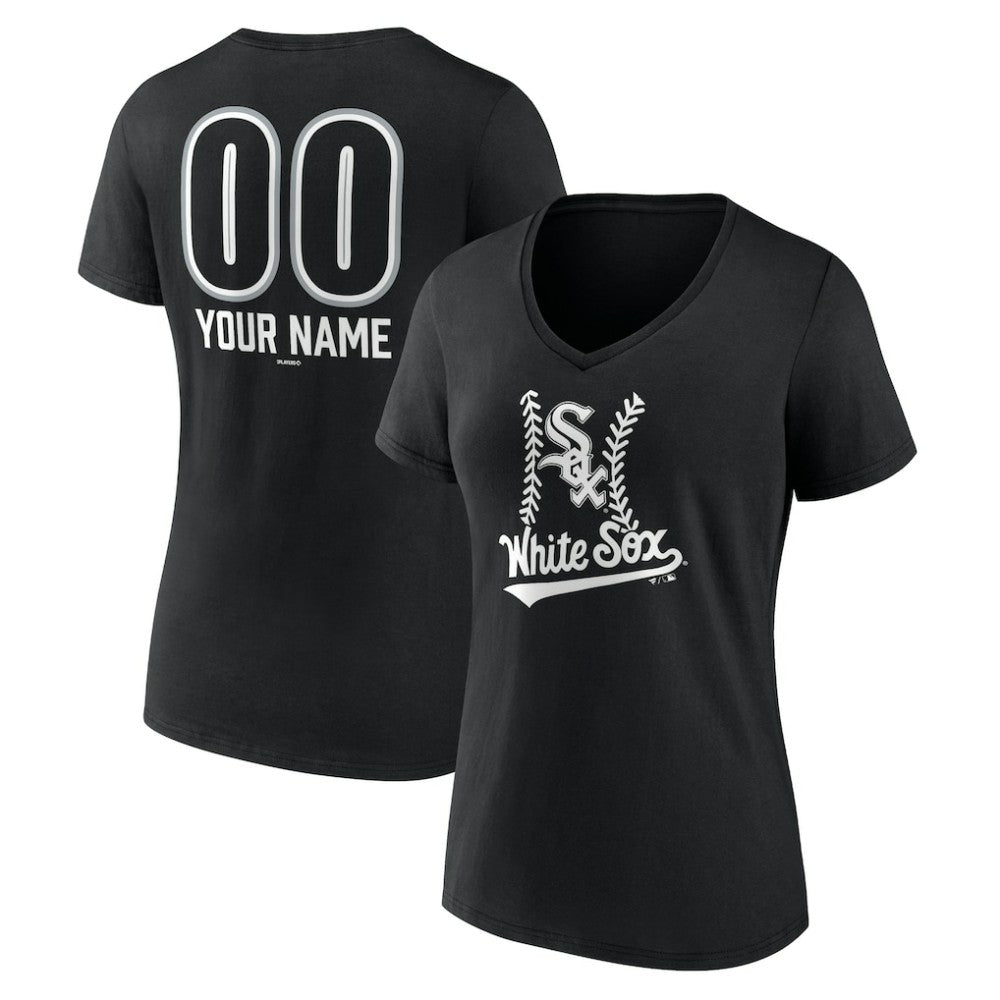 Chicago White Sox Women's Personalized Name & Number Fastball V-Neck T-Shirt - Black T-shirts