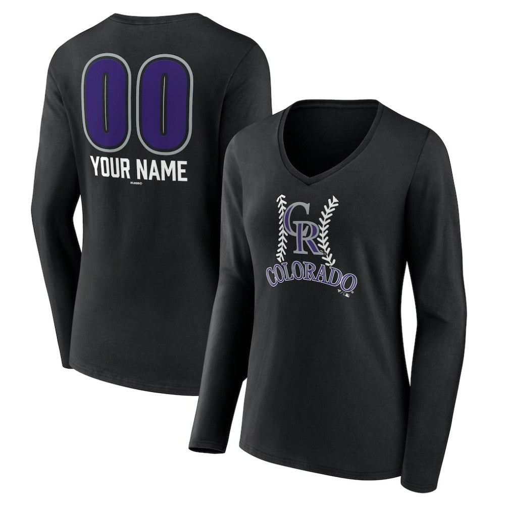 Colorado Rockies Women's Personalized Name & Number Fastball Long Sleeve V-Neck T-Shirt - Black T-shirts