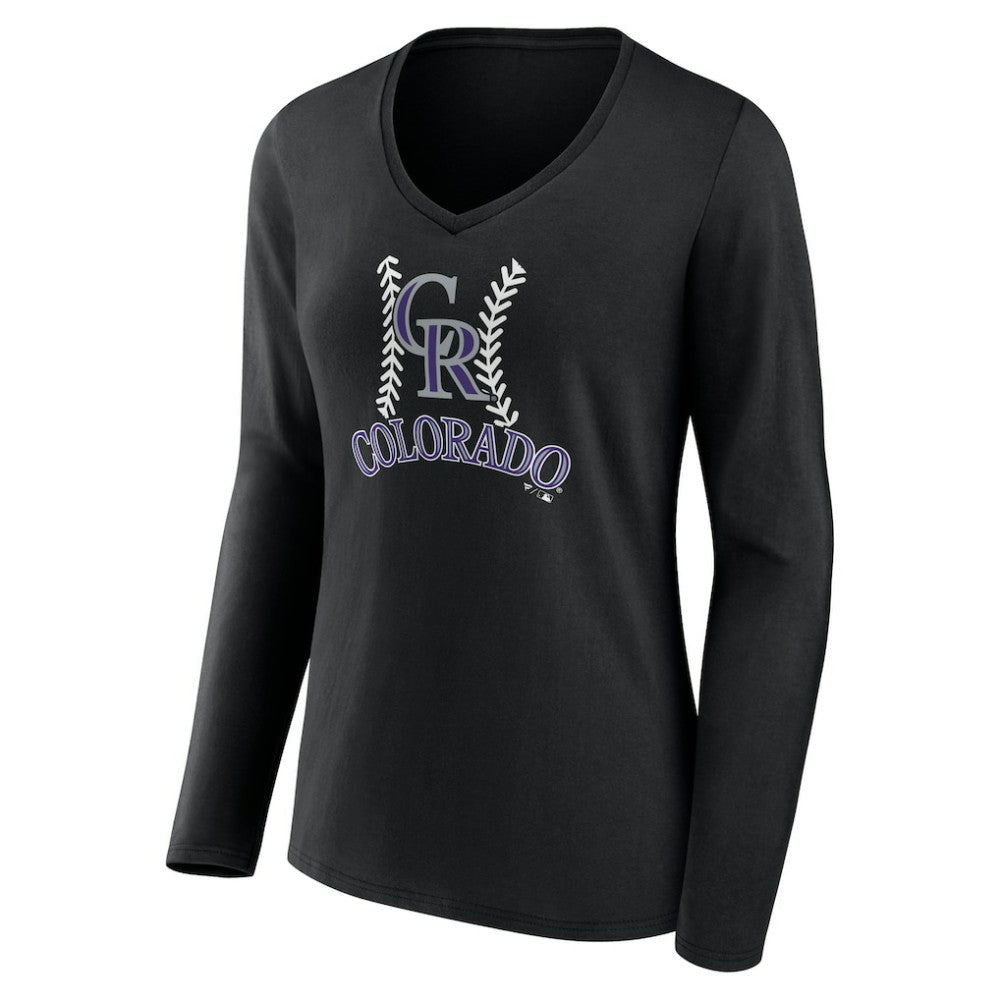 Colorado Rockies Women's Personalized Name & Number Fastball Long Sleeve V-Neck T-Shirt - Black T-shirts