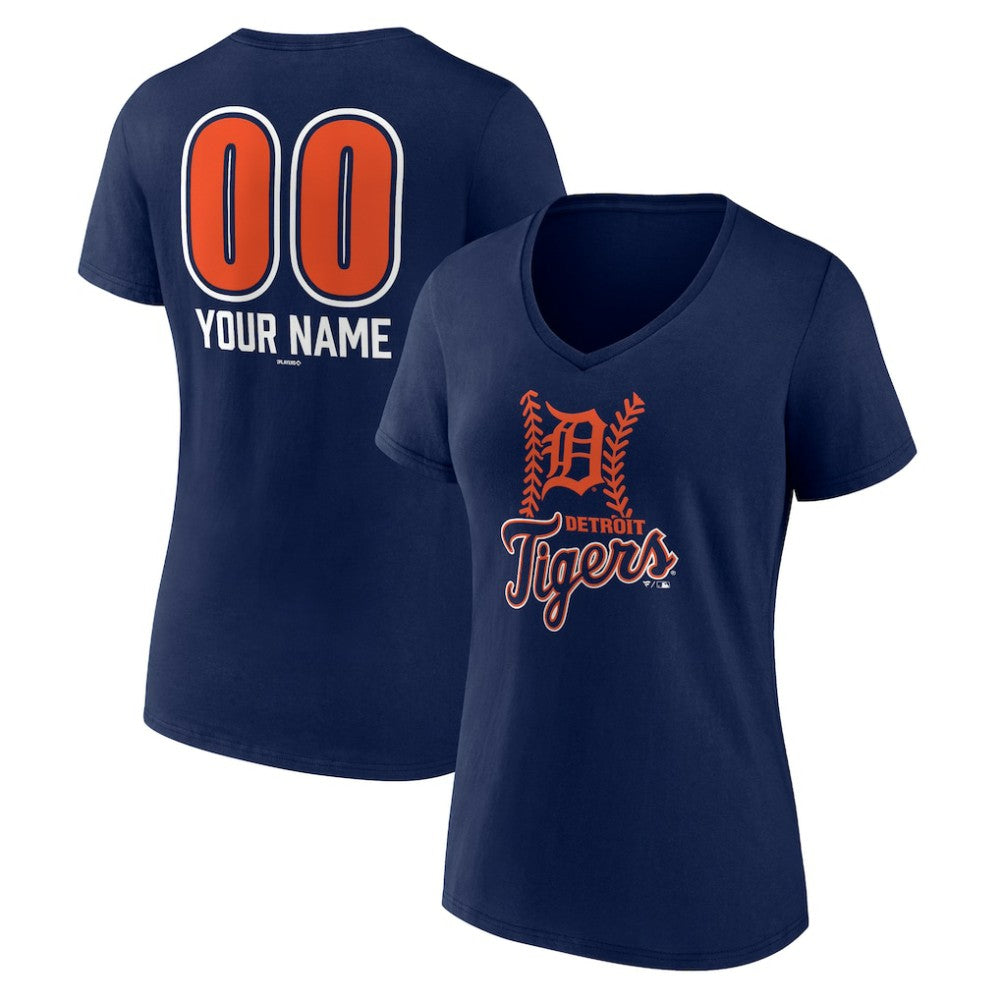 Detroit Tigers Women's Personalized Name & Number Fastball V-Neck T-Shirt - Navy T-shirts