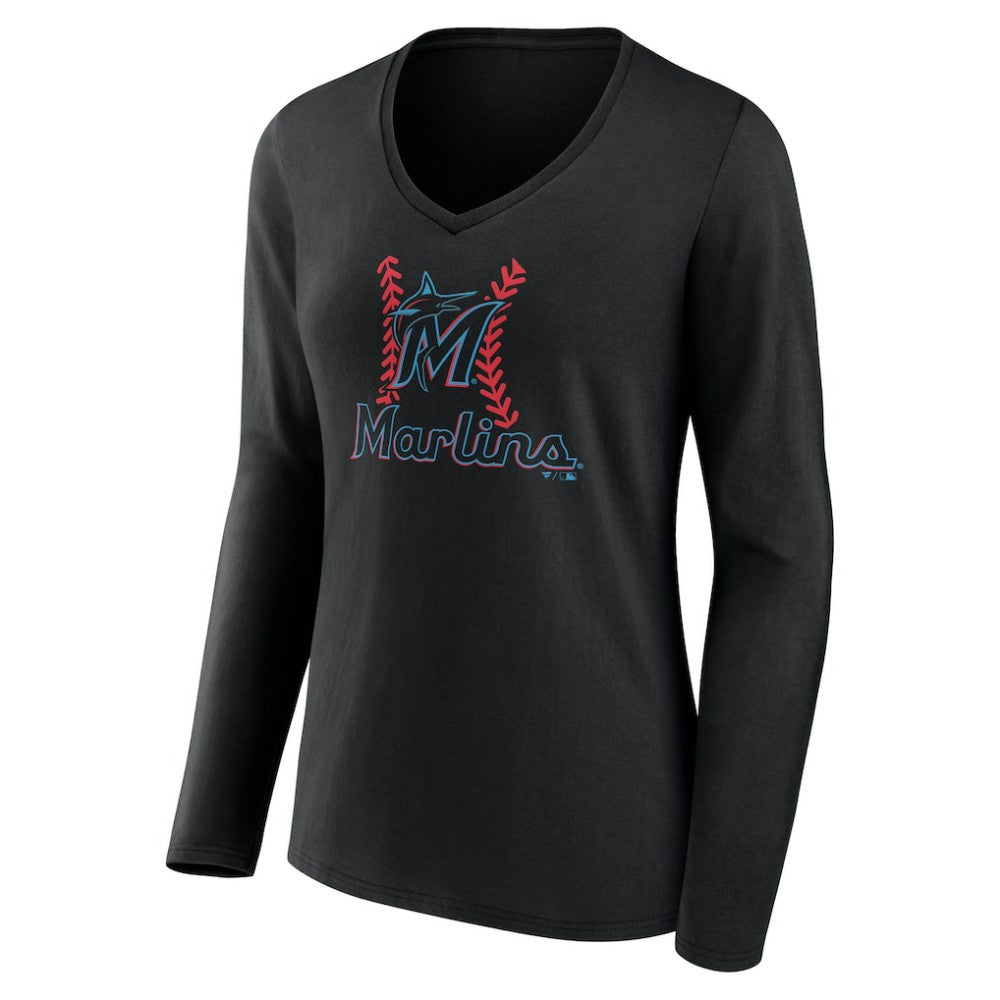Miami Marlins Women's Personalized Name & Number Fastball Long Sleeve V-Neck T-Shirt - Black T-shirts