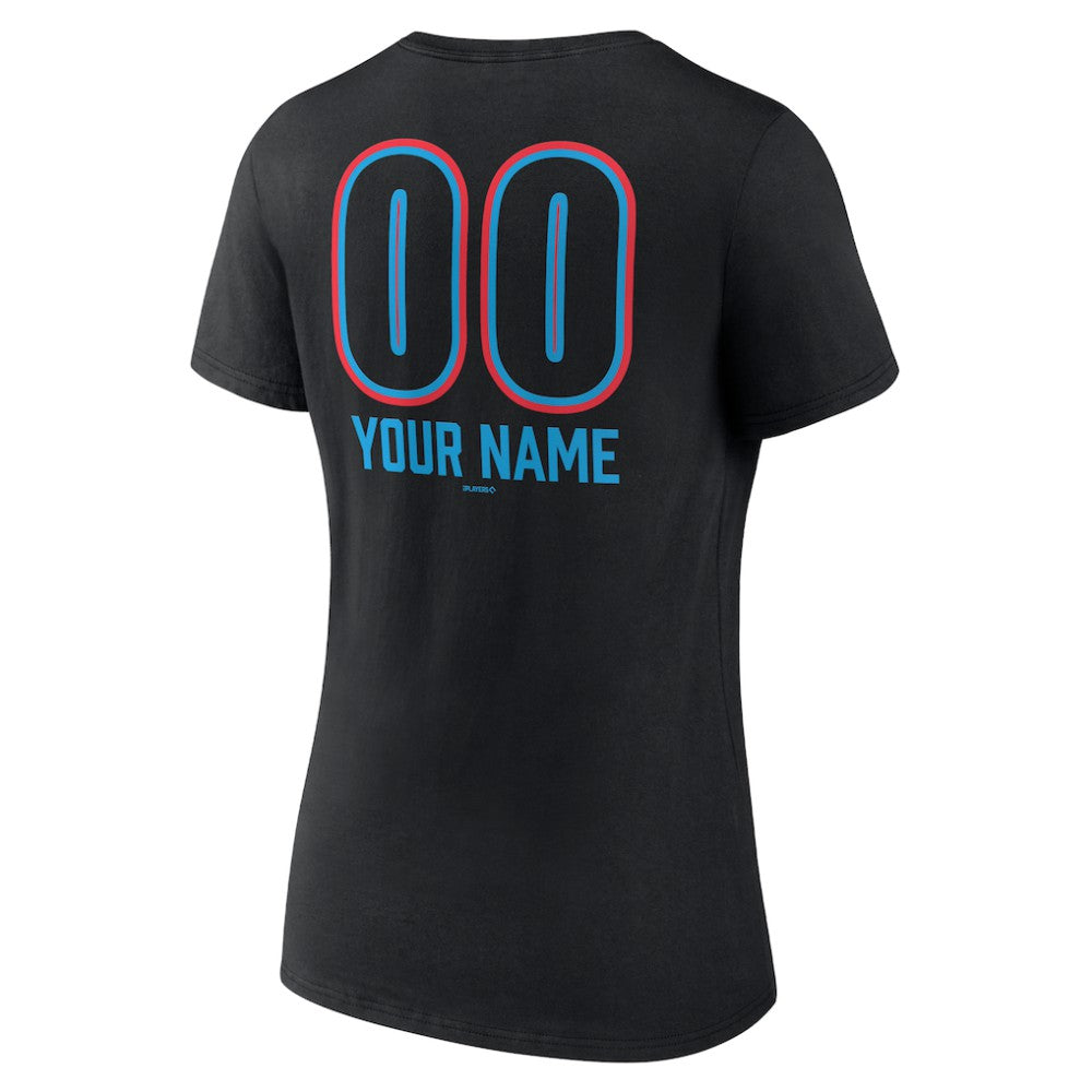 Miami Marlins Women's Personalized Name & Number Fastball V-Neck T-Shirt - Black T-shirts