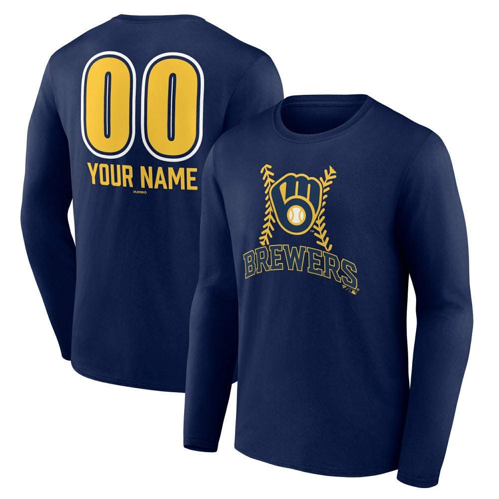 Milwaukee Brewers Personalized Name & Number Fastball Long Sleeve T-Shirt - Navy T-shirts