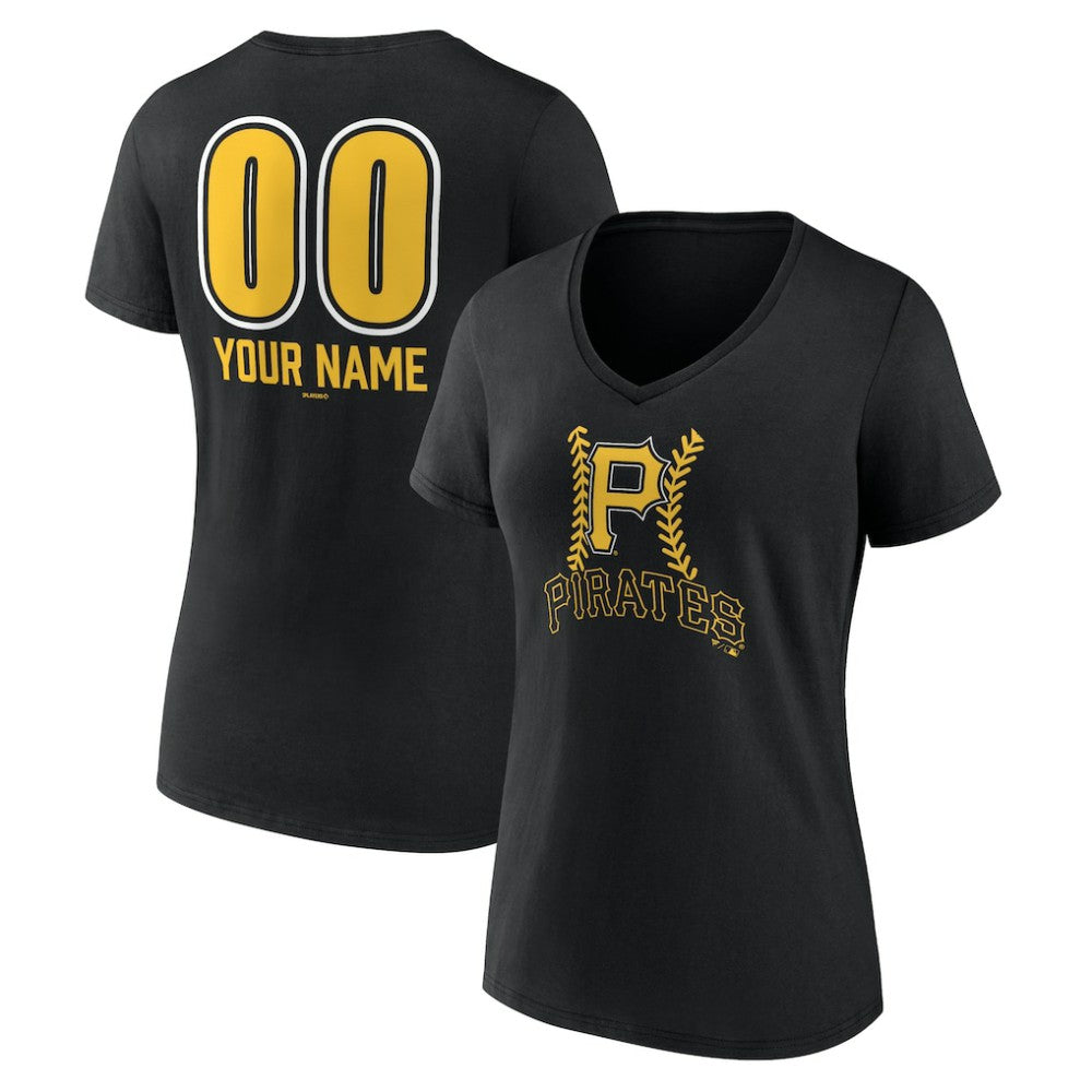 Pittsburgh Pirates Women's Personalized Name & Number Fastball V-Neck T-Shirt - Black T-shirts