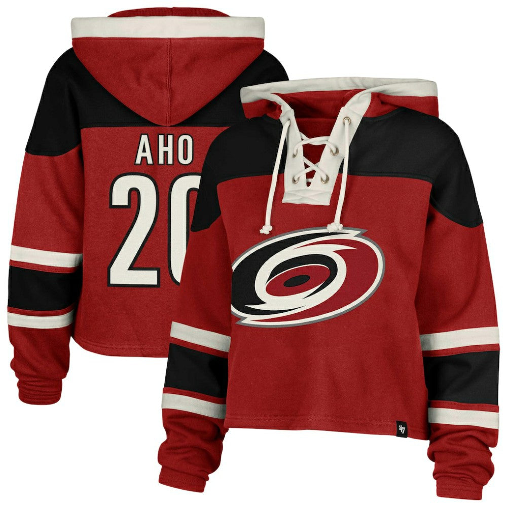 NHL Sebastian Aho Carolina Hurricanes '47 Women's Superior Lacer Cropped Pullover Hoodie - Red