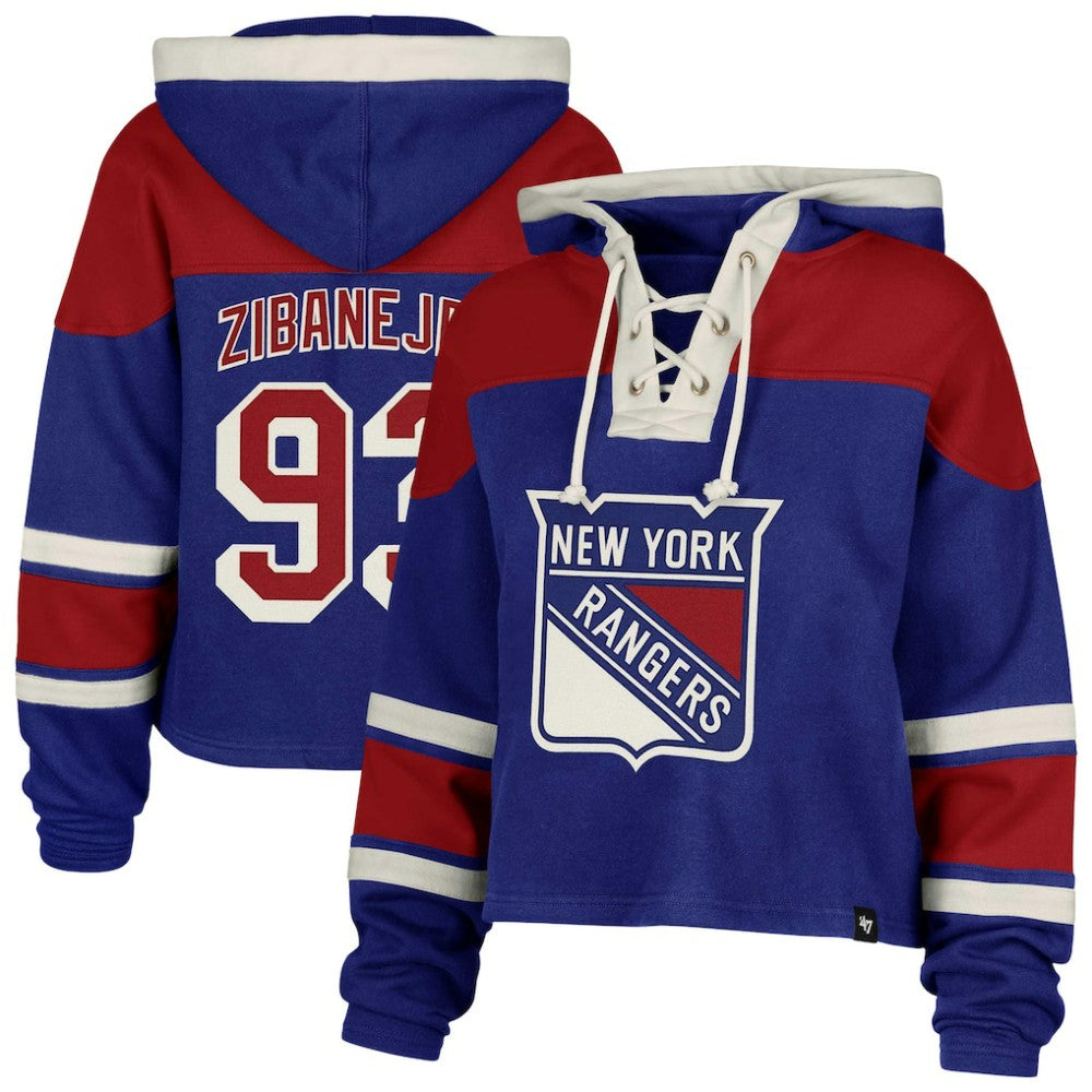 NHL Mika Zibanejad New York Rangers '47 Women's Superior Lacer Cropped Pullover Hoodie - Blue