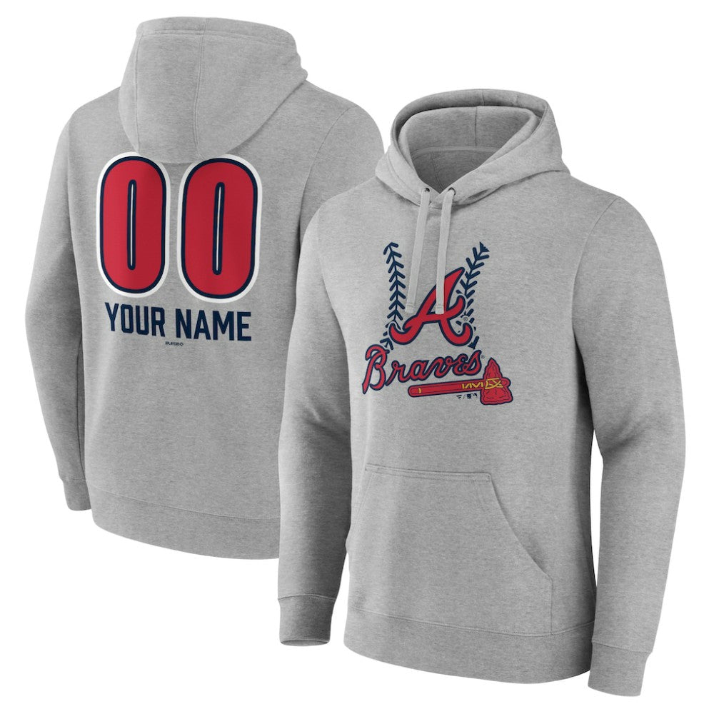 Atlanta Braves Personalized Name & Number Fastball Pullover Hoodie - Gray Hoodies