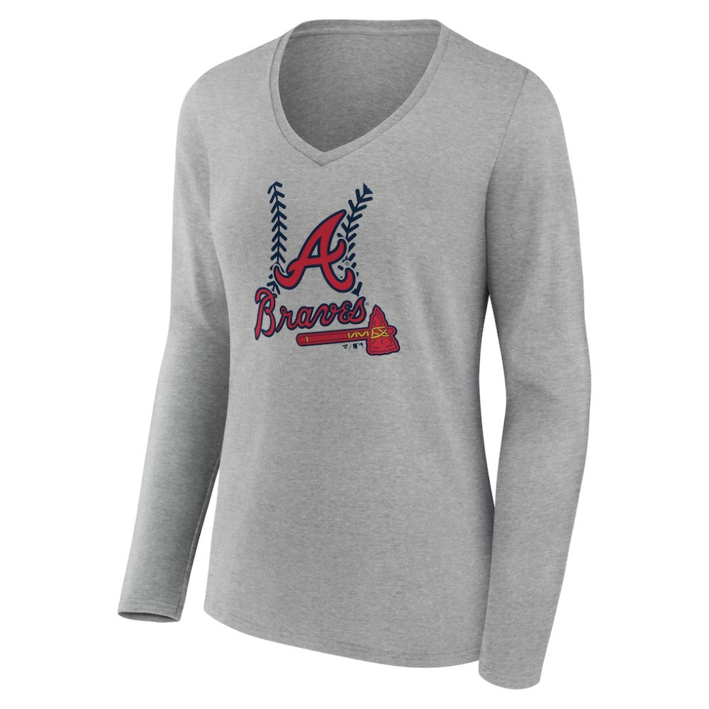Atlanta Braves Women's Personalized Name & Number Fastball Long Sleeve V-Neck T-Shirt - Gray T-shirts