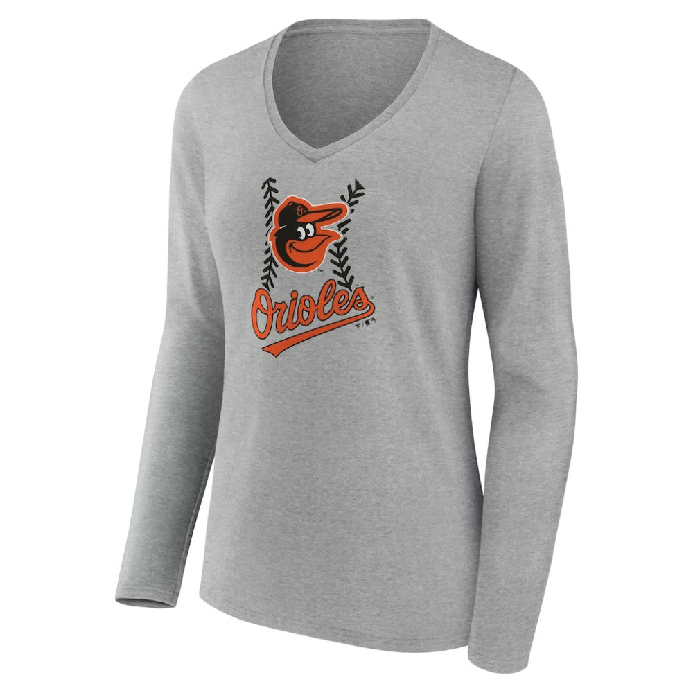 Baltimore Orioles Women's Personalized Name & Number Fastball Long Sleeve V-Neck T-Shirt - Gray T-shirts