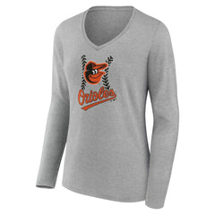 Baltimore Orioles Women's Personalized Name & Number Fastball Long Sleeve V-Neck T-Shirt - Gray T-shirts