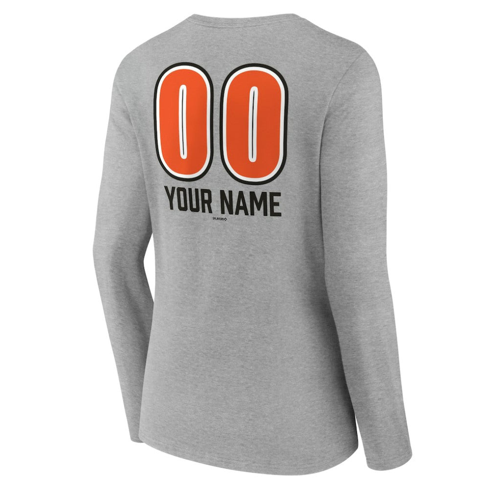 Baltimore Orioles Women's Personalized Name & Number Fastball Long Sleeve V-Neck T-Shirt - Gray T-shirts