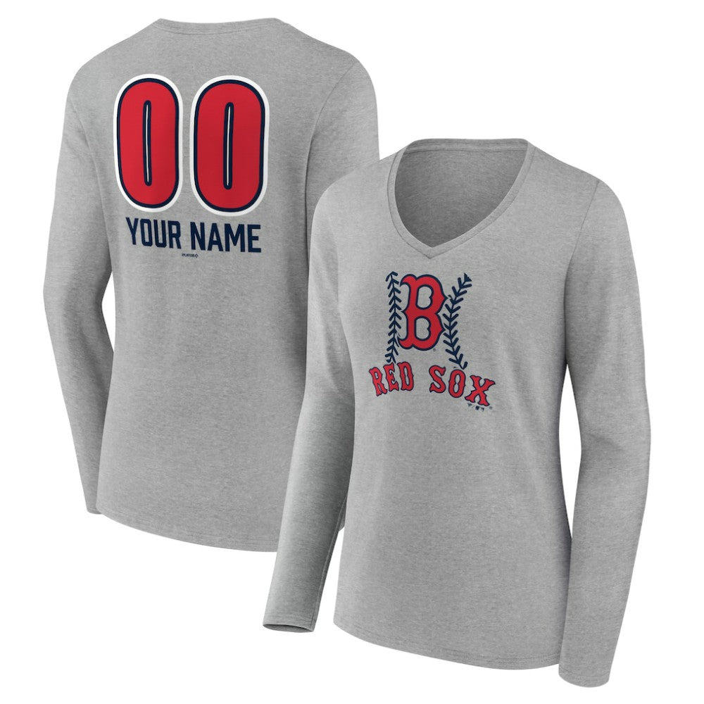 Boston Red Sox Women's Personalized Name & Number Fastball Long Sleeve V-Neck T-Shirt - Gray T-shirts