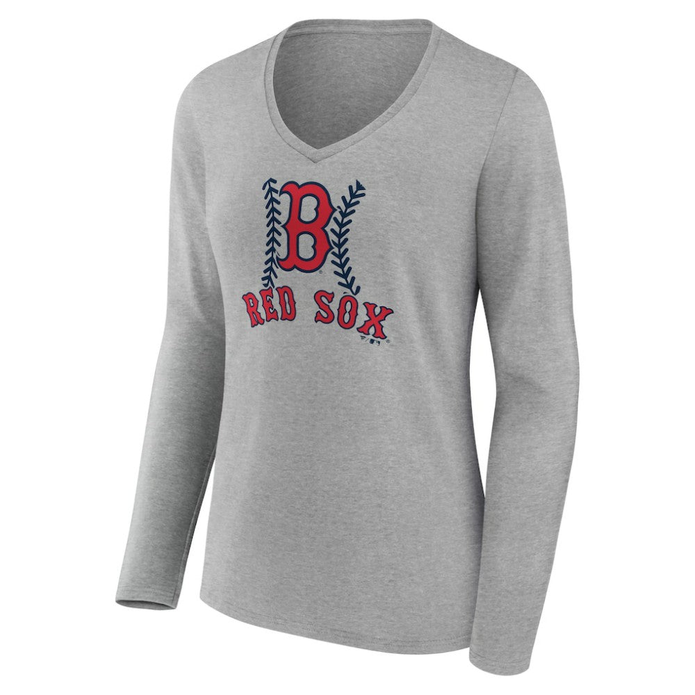 Boston Red Sox Women's Personalized Name & Number Fastball Long Sleeve V-Neck T-Shirt - Gray T-shirts