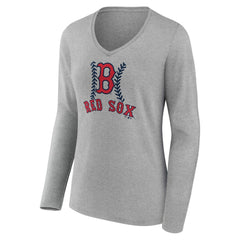 Boston Red Sox Women's Personalized Name & Number Fastball Long Sleeve V-Neck T-Shirt - Gray T-shirts