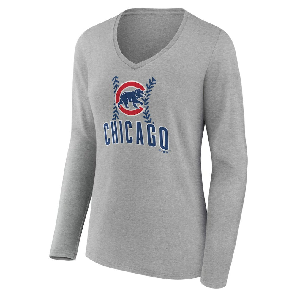 Chicago Cubs Women's Personalized Name & Number Fastball Long Sleeve V-Neck T-Shirt - Gray T-shirts