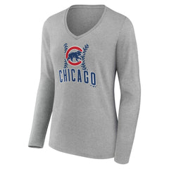 Chicago Cubs Women's Personalized Name & Number Fastball Long Sleeve V-Neck T-Shirt - Gray T-shirts