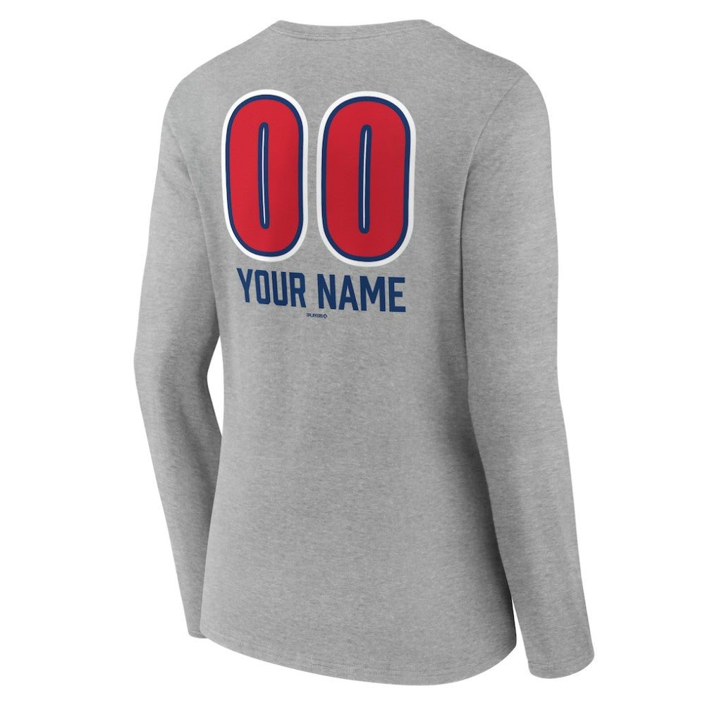Chicago Cubs Women's Personalized Name & Number Fastball Long Sleeve V-Neck T-Shirt - Gray T-shirts