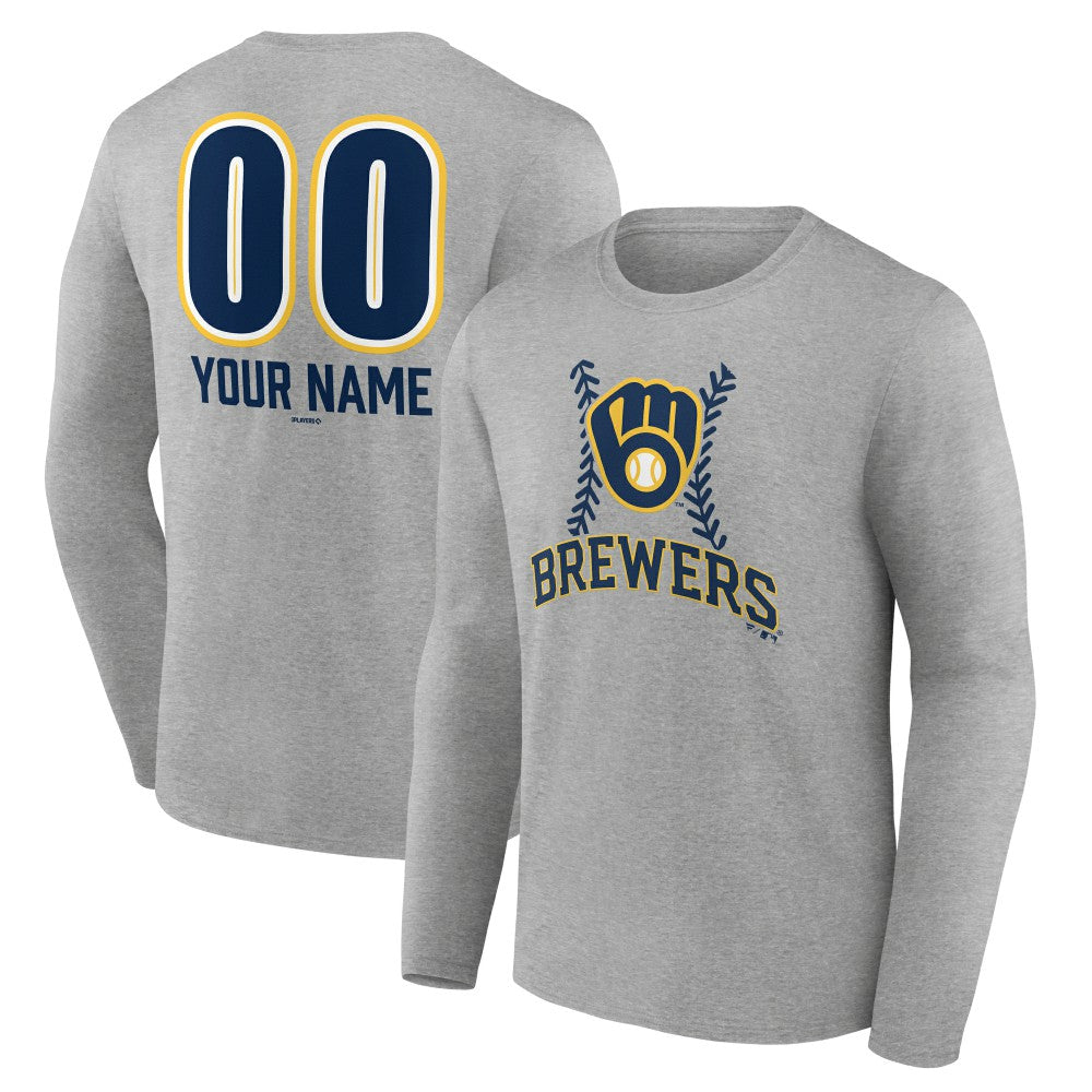 Milwaukee Brewers Personalized Name & Number Fastball Long Sleeve T-Shirt - Gray T-shirts