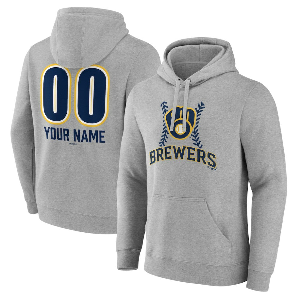 Milwaukee Brewers Personalized Name & Number Fastball Pullover Hoodie - Gray Hoodies