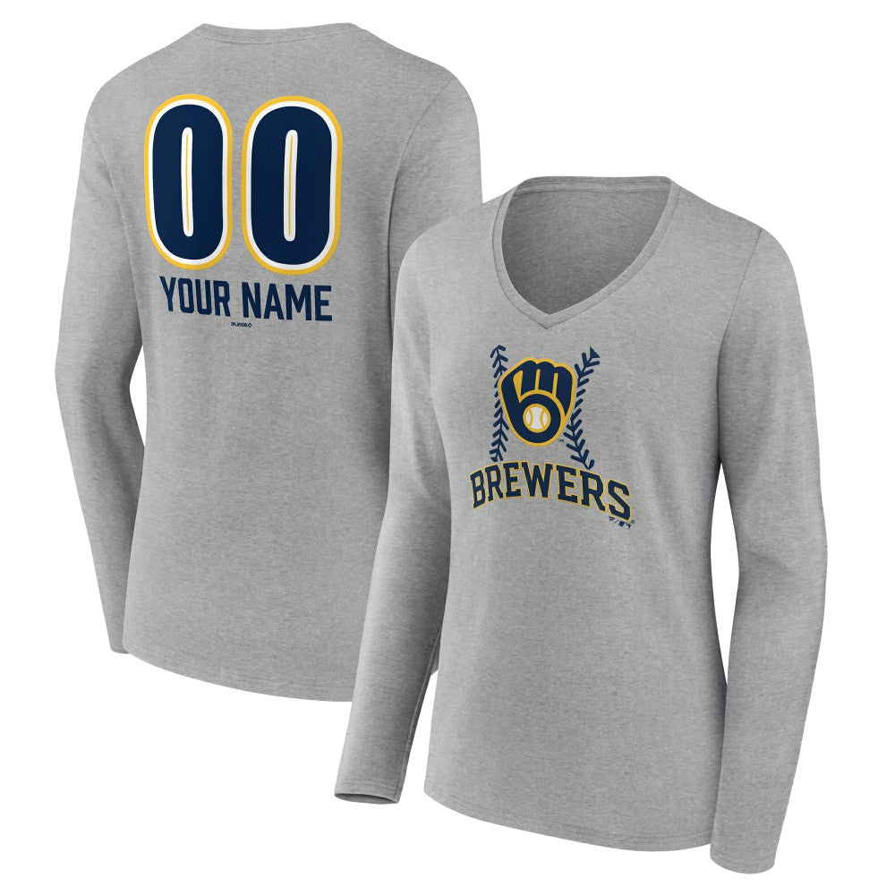 Milwaukee Brewers Women's Personalized Name & Number Fastball Long Sleeve V-Neck T-Shirt - Gray T-shirts