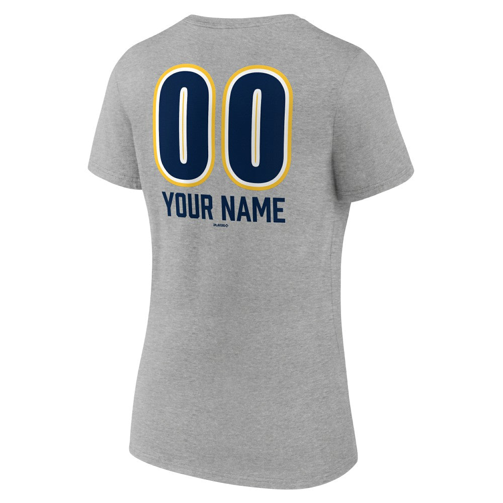 Milwaukee Brewers Women's Personalized Name & Number Fastball V-Neck T-Shirt - Gray T-shirts