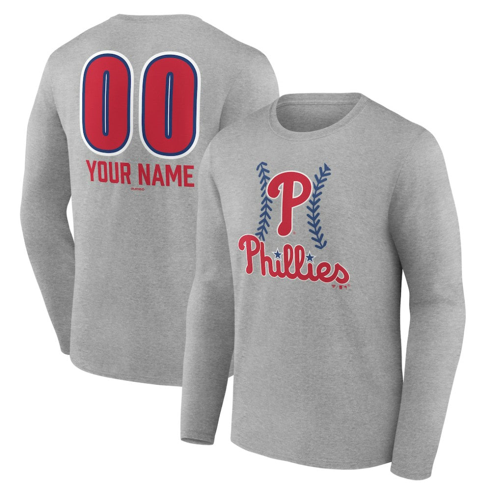 Philadelphia Phillies Personalized Name & Number Fastball Long Sleeve T-Shirt - Gray T-shirts