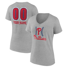 Philadelphia Phillies Women's Personalized Name & Number Fastball V-Neck T-Shirt - Gray T-shirts