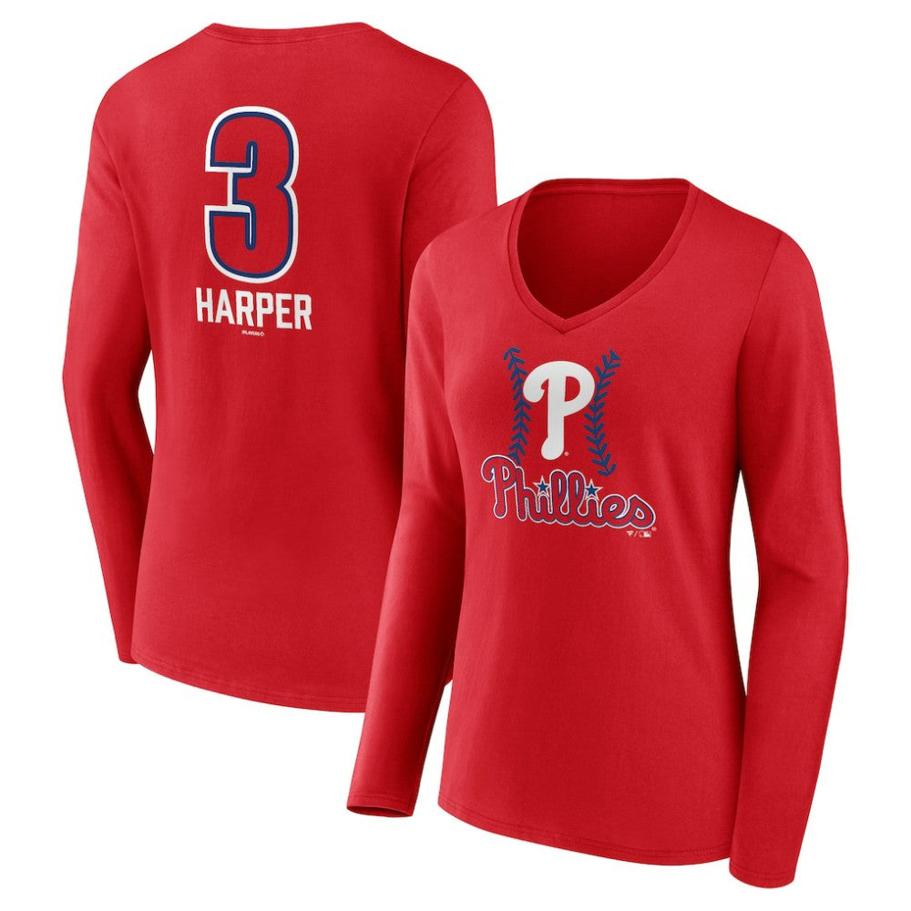 Bryce Harper Philadelphia Phillies Women's Fastball Player Name & Number Long Sleeve V-Neck T-Shirt - Red T-shirts