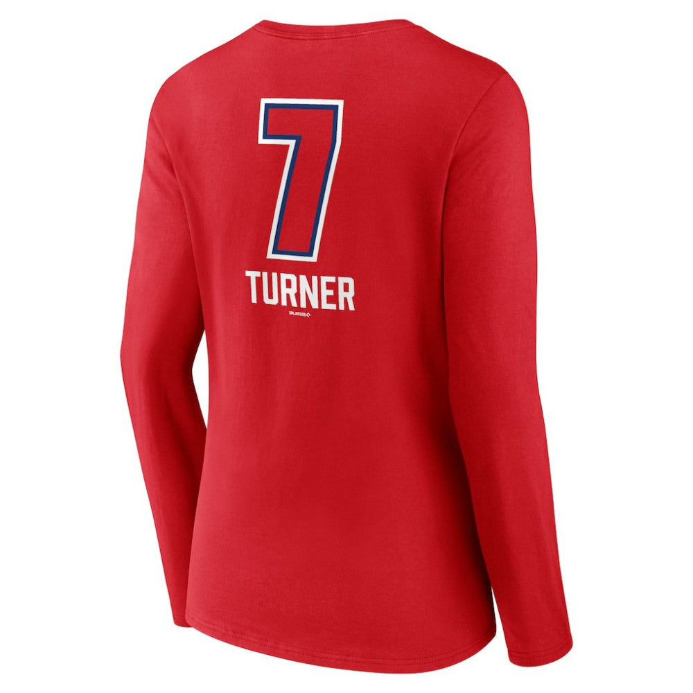 Trea Turner Philadelphia Phillies Women's Fastball Player Name & Number Long Sleeve V-Neck T-Shirt - Red T-shirts