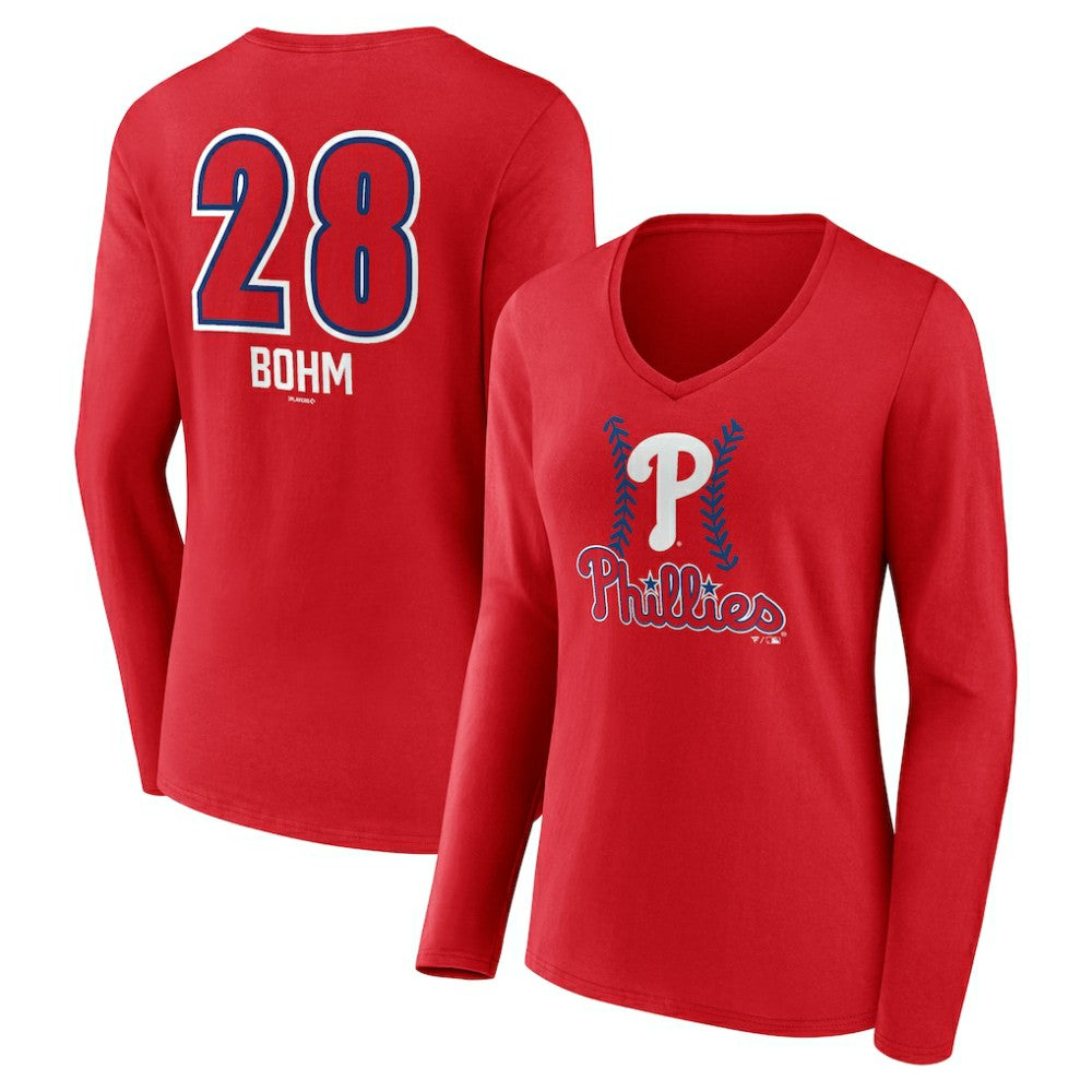 Alec Bohm Philadelphia Phillies Women's Fastball Player Name & Number Long Sleeve V-Neck T-Shirt - Red T-shirts