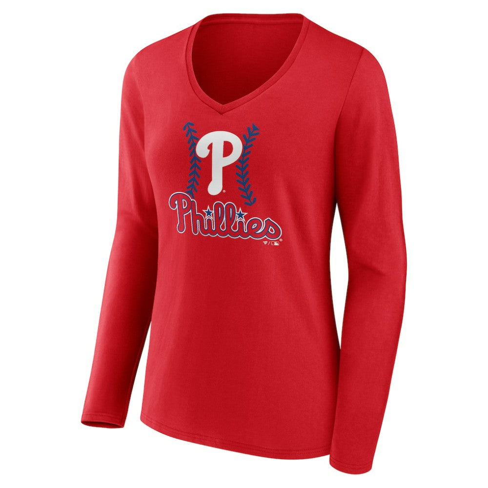Alec Bohm Philadelphia Phillies Women's Fastball Player Name & Number Long Sleeve V-Neck T-Shirt - Red T-shirts