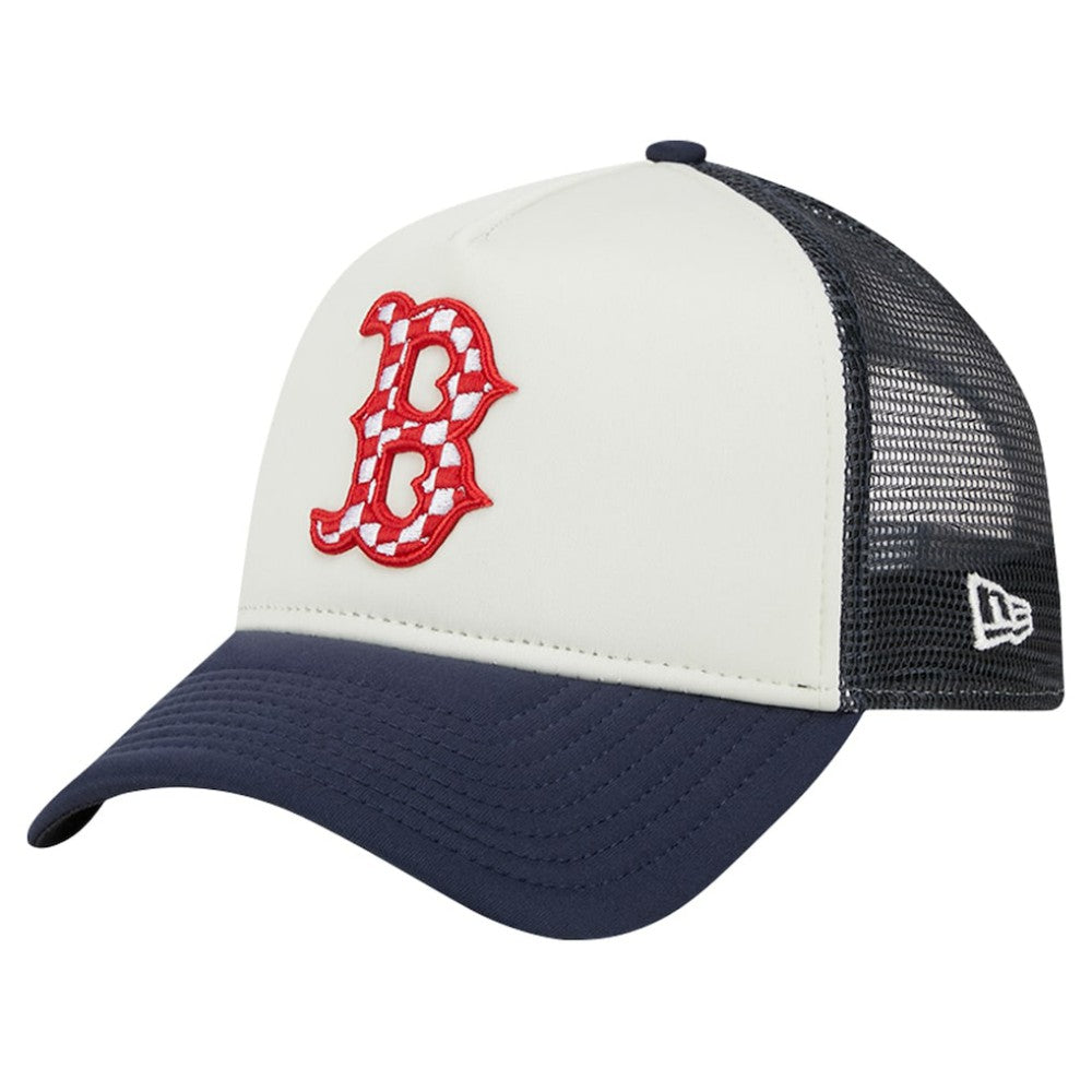Boston Red Sox New Era Checkered Flag A-Frame Trucker 9FORTY Adjustable Hat - White/Navy Hats