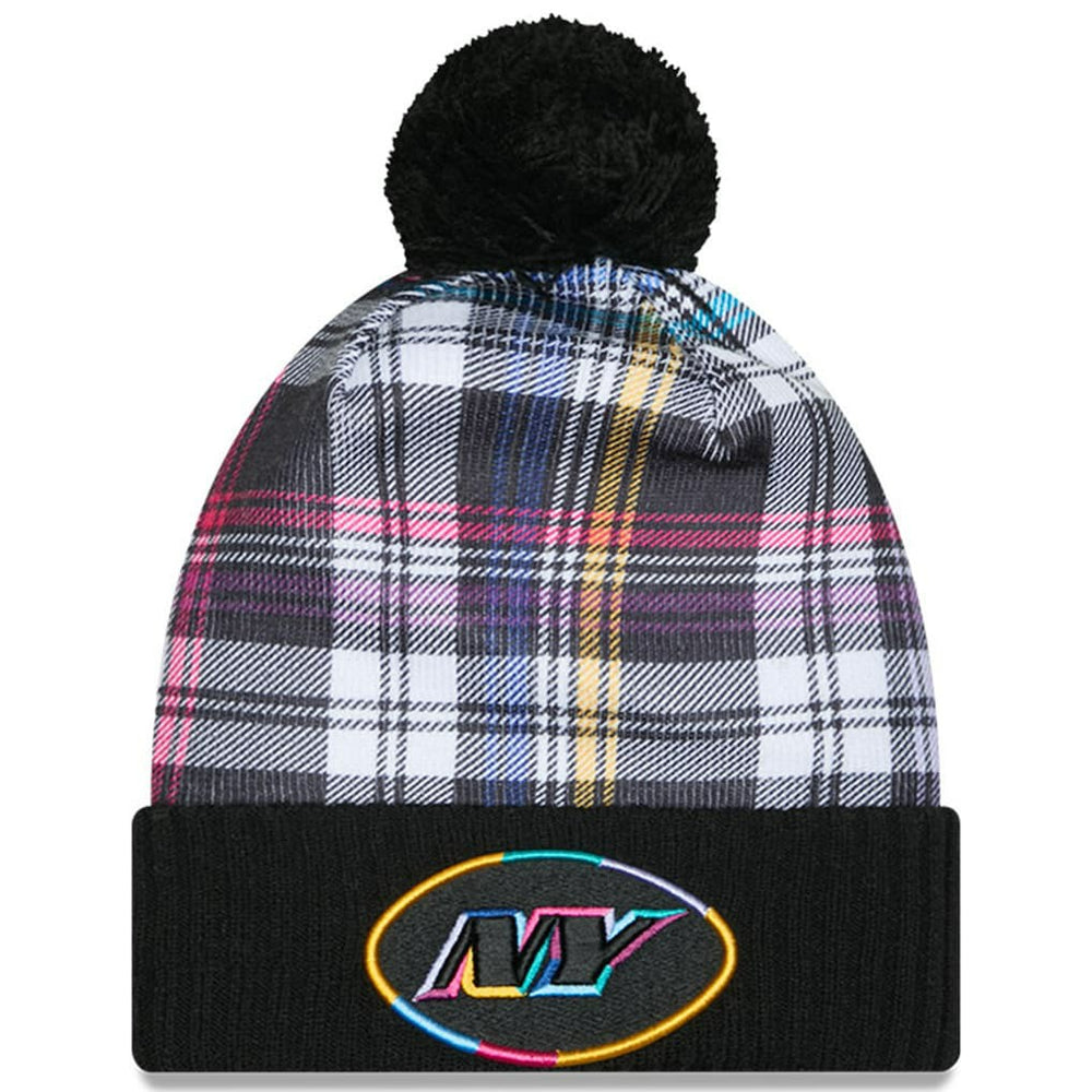 New York Jets New Era Youth 2024 NFL Crucial Catch Plaid Cuffed Pom Knit Hat Black