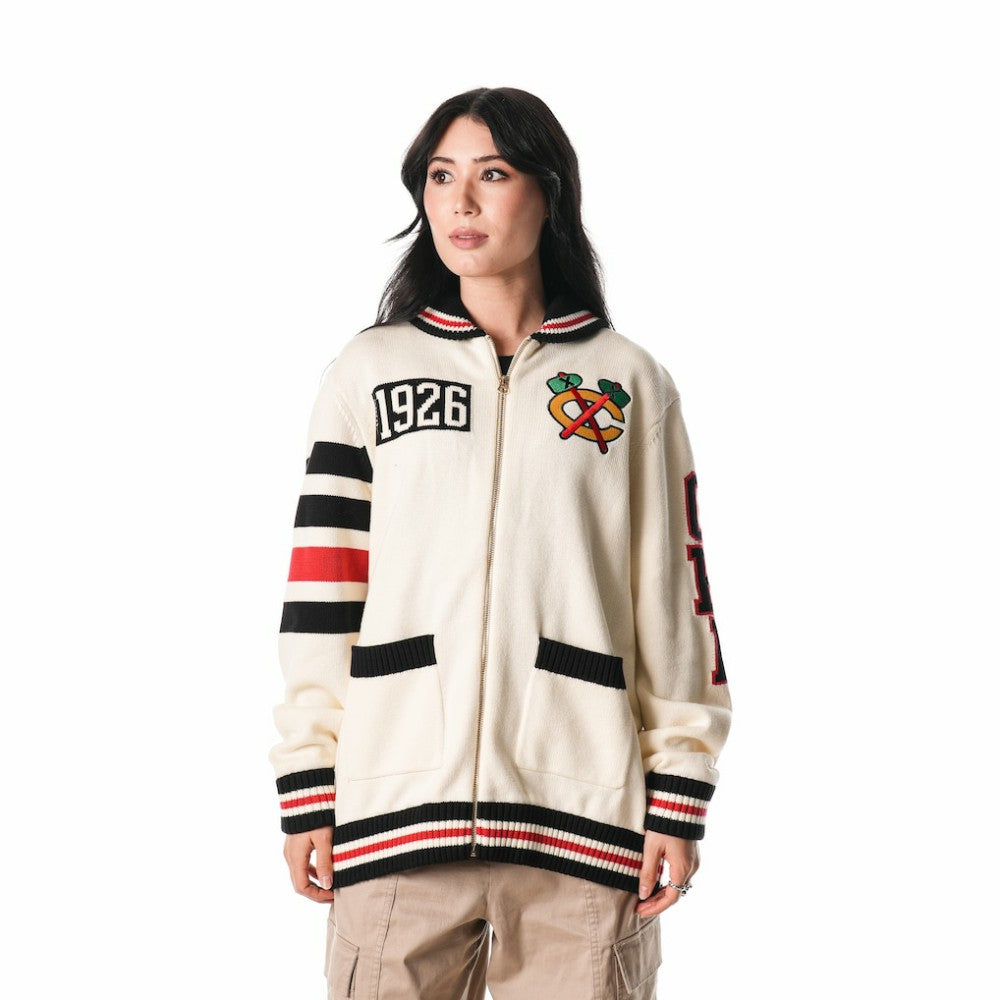 NHL Chicago Blackhawks The Wild Collective Unisex Jacquard Full-Zip Sweater - Cream