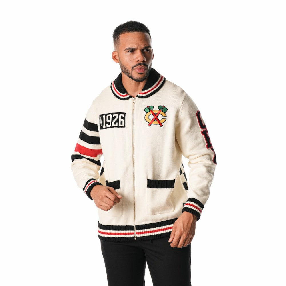 NHL Chicago Blackhawks The Wild Collective Unisex Jacquard Full-Zip Sweater - Cream