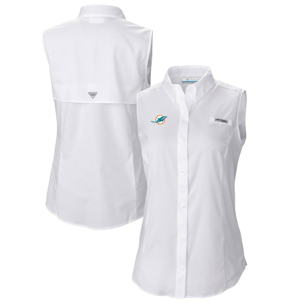 Miami Dolphins Women's PFG Tamiami Omni-Shade Sleeveless Button-Up Shirt White