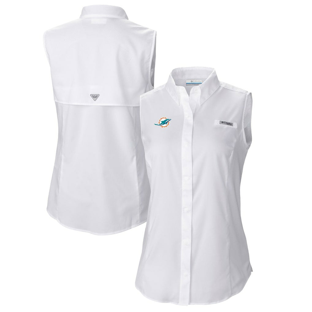 Miami Dolphins Women's PFG Tamiami Omni-Shade Sleeveless Button-Up Shirt White