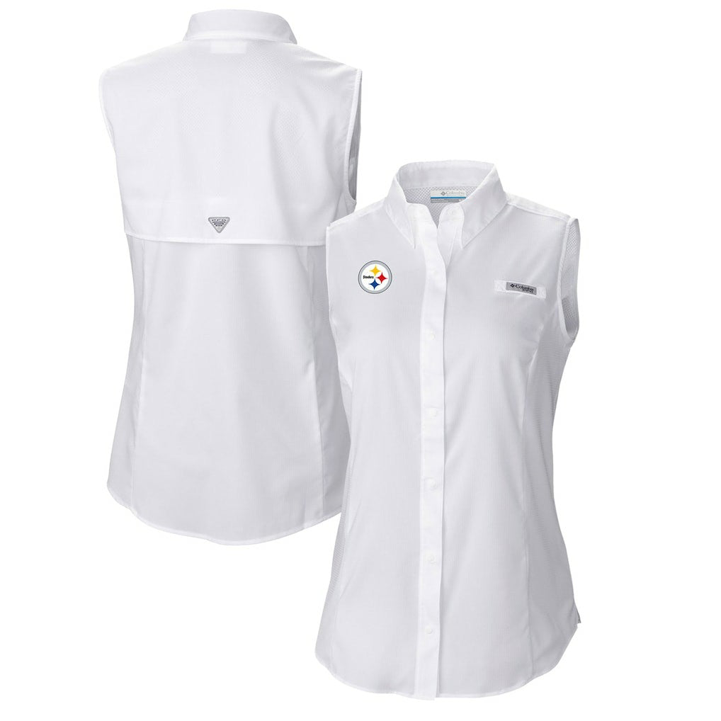 Pittsburgh Steelers Women's PFG Tamiami Omni-Shade Sleeveless Button-Up Shirt White