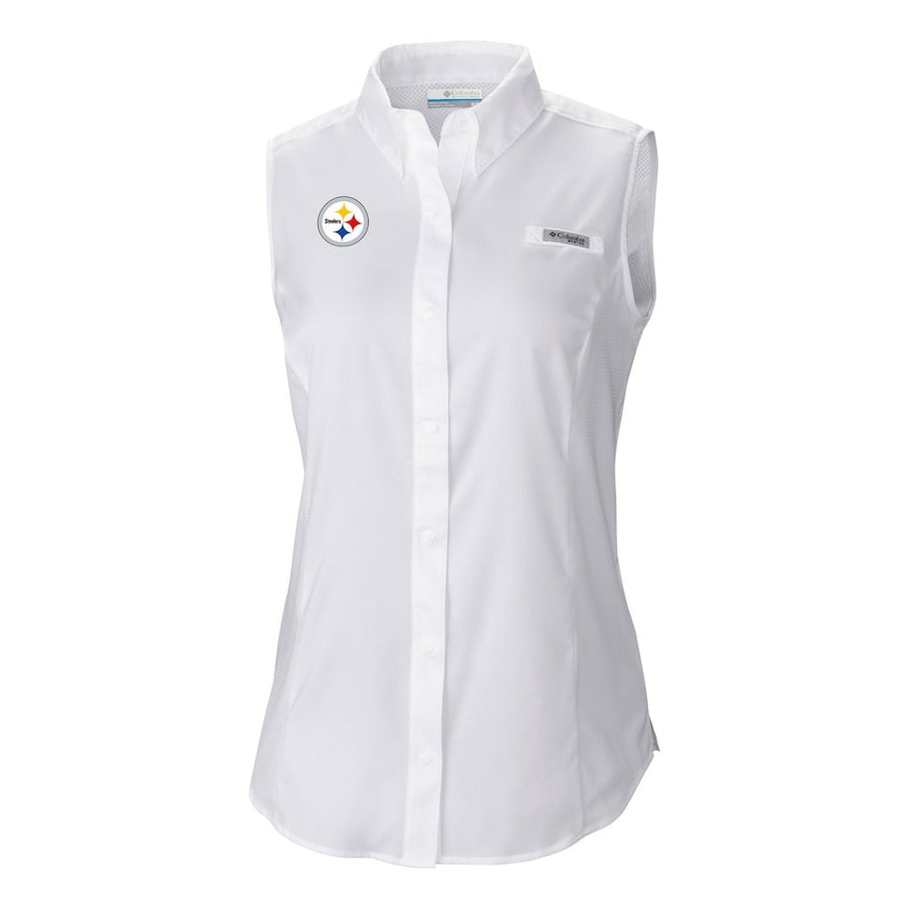 Pittsburgh Steelers Women's PFG Tamiami Omni-Shade Sleeveless Button-Up Shirt White
