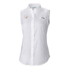 Pittsburgh Steelers Women's PFG Tamiami Omni-Shade Sleeveless Button-Up Shirt White