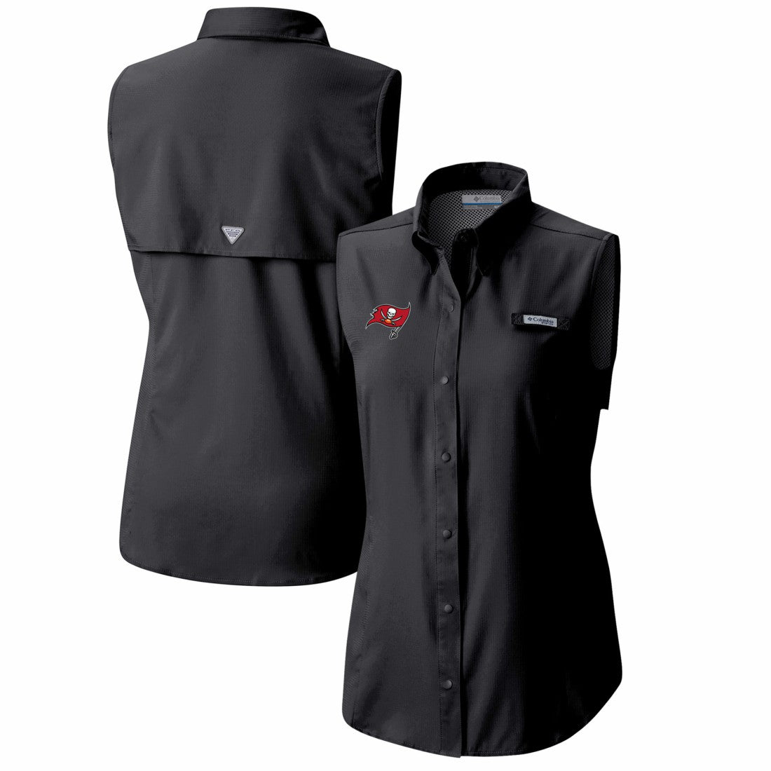 Tampa Bay Buccaneers Women's PFG Tamiami Omni-Shade Sleeveless Button-Up Shirt Black